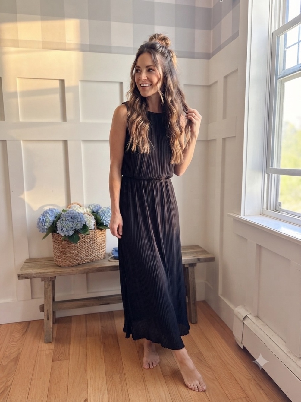 Halston Heritage Black Pleated Maxi Dress